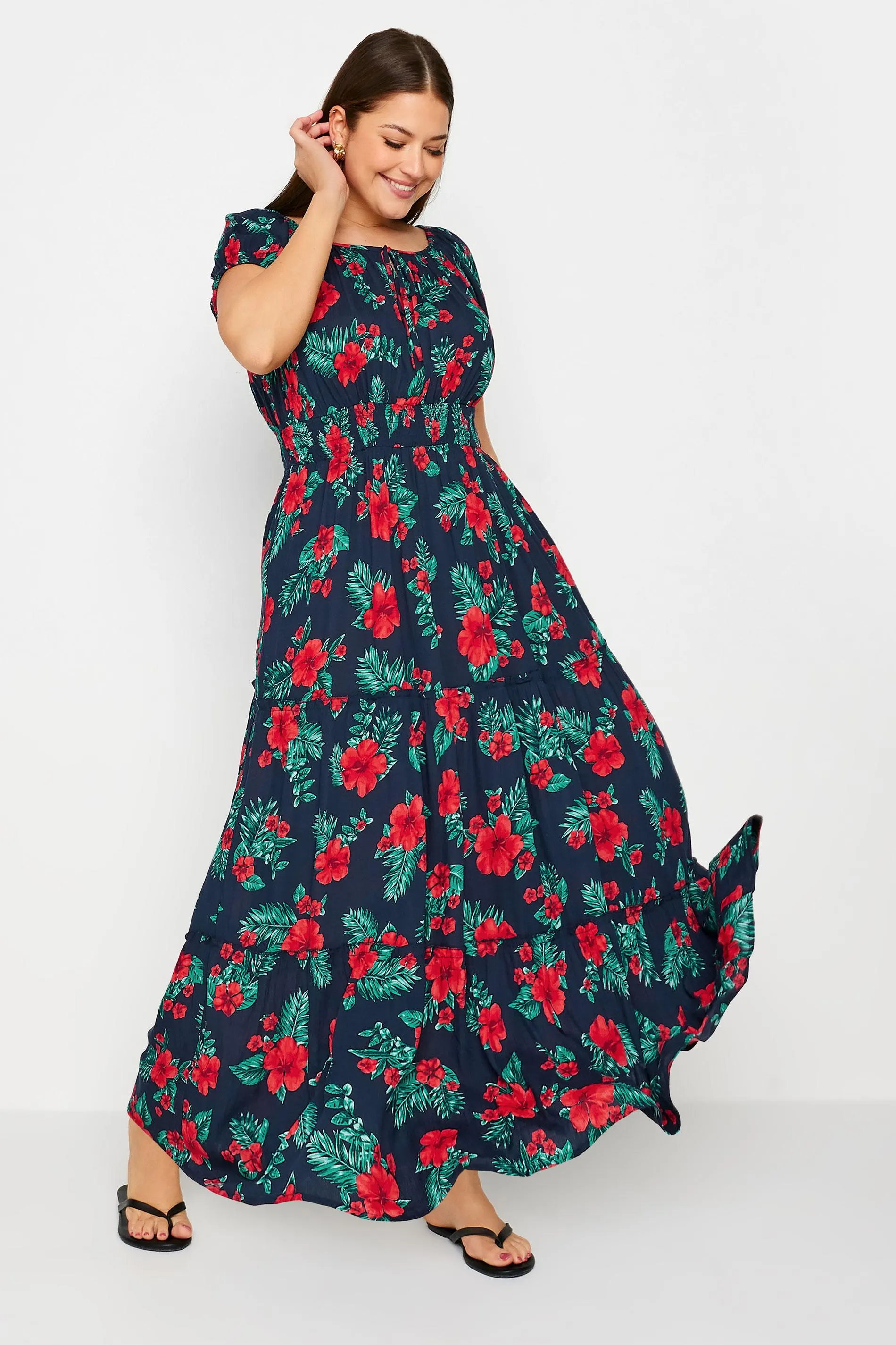 YOURS Curve Navy Blue Tropical Print Bardot Maxi Dress