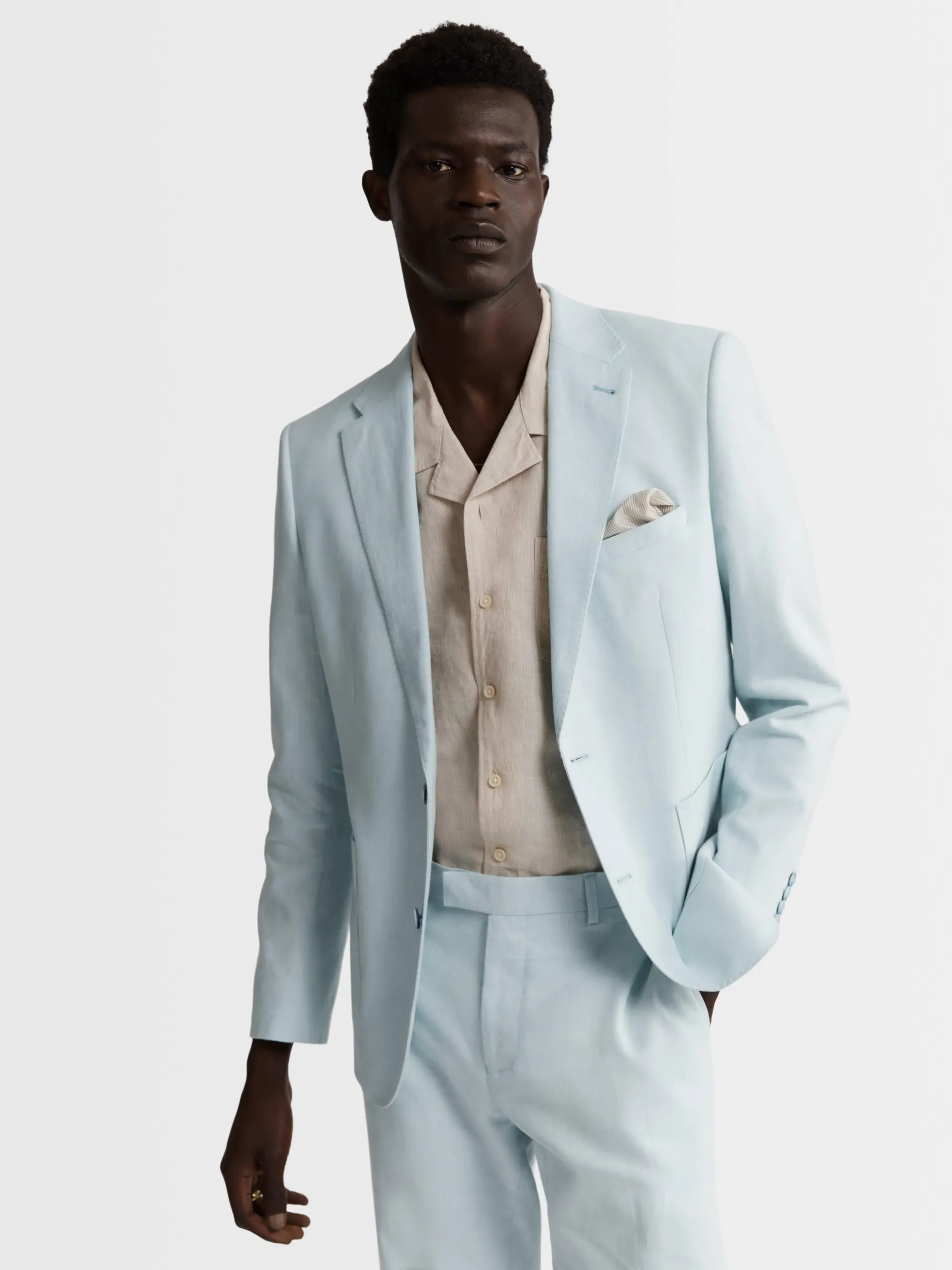 Slim Fit Single Breasted Linen Suit Jacket in Light Blue