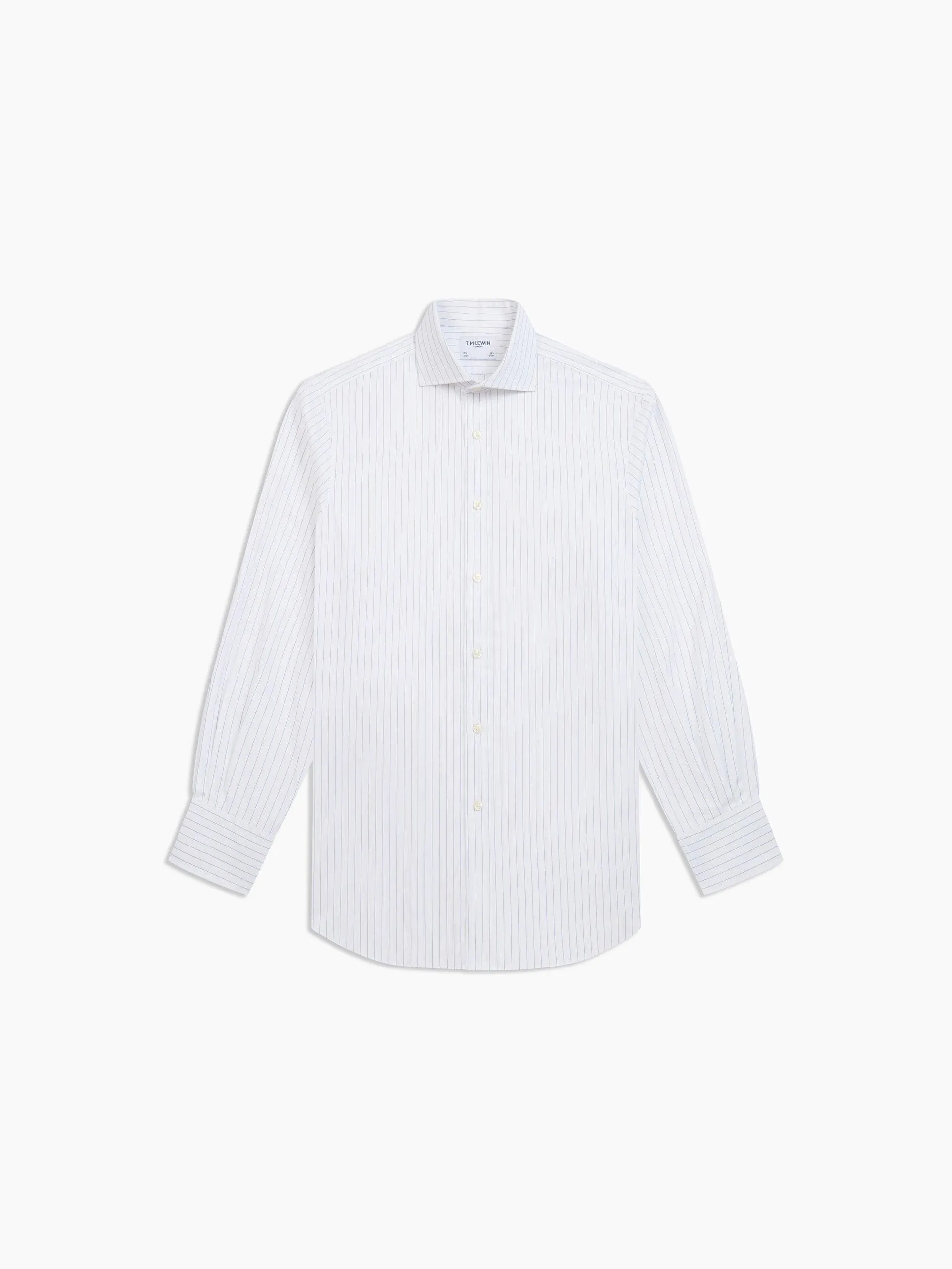 Non-Iron Navy Blue Wide Dash Stripe Plain Weave Regular Fit Single Cuff Semi-Cutaway Collar Shirt