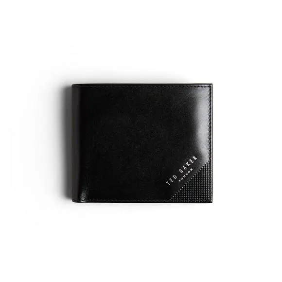 Mens Black Embossed Corner Leather Bifold Coin Wallet