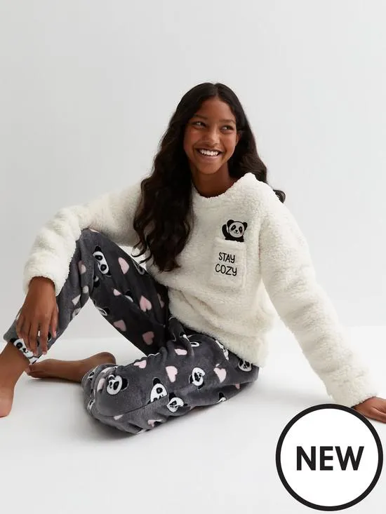 Girls Jogger Pyjama Set with Panda Print - White