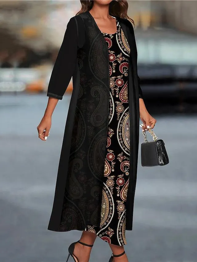 Women's Two Piece Dress Set Casual Dress Chiffon Dress Party Holiday Vintage Ethnic Print Midi Dress Crew Neck 3/4 Length Sleeve Paisley Regular Fit Black Khaki Spring Fall S M L XL XXL