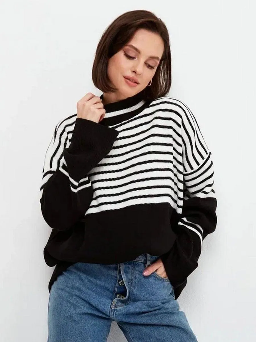 Pullovers For Women High Collar Long Sleeves Two-Tone Daily Sweaters