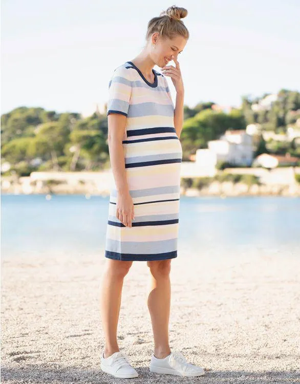 Pastel Stripe Cotton Knitted Maternity & Nursing Dress