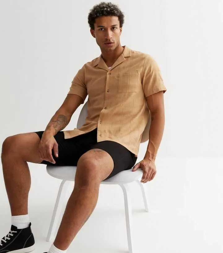 Tan Grid Crepe Revere Collar Short Sleeve Pocket Front Shirt