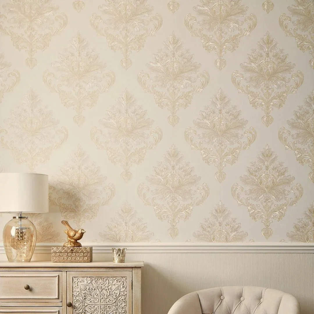 Jasmine Damask Wallpaper in Ivory Silver Shimmer