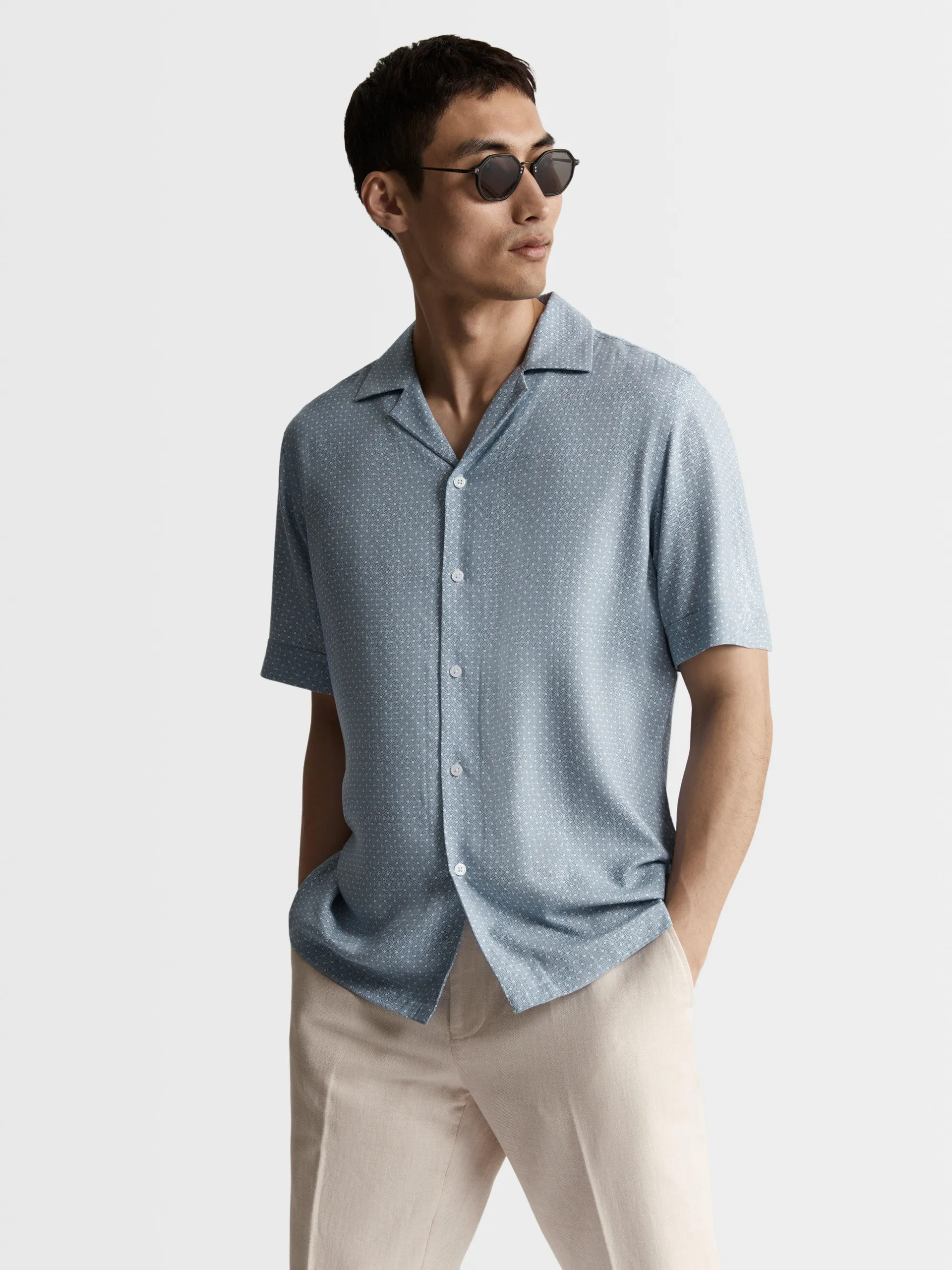 Blue Printed Plain Weave Regular Fit Short Sleeve Revere Collar Shirt