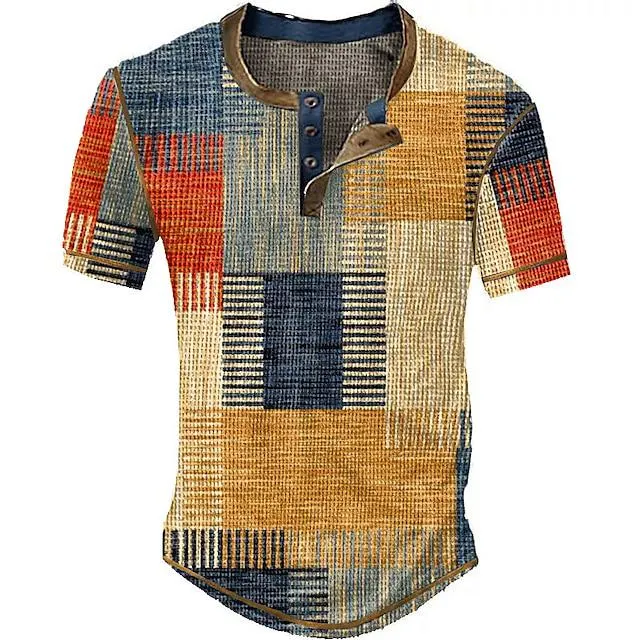 Men's Waffle Henley Shirt Graphic Plaid Color Block Henley Clothing Apparel 3D Print Outdoor Daily Short Sleeve Button Fashion Designer Basic