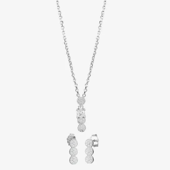 Silver Pave Triple Cluster Dropper Pendant and Earring Set