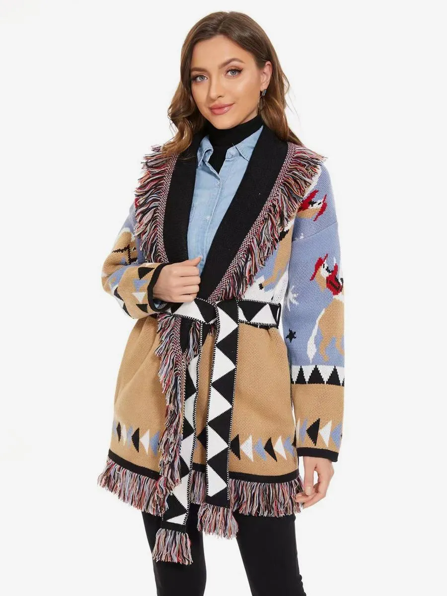 Jacquard Cardigans Tassel Trim Belted Riding Wool Blend Boho Sweater