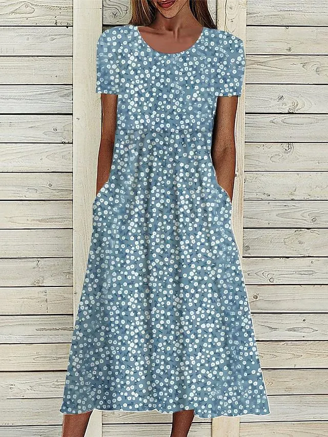 Women's Casual Dress Floral Dress Summer Dress Floral Ditsy Floral Pocket Print Crew Neck Midi Dress Fashion Streetwear Outdoor Daily Short Sleeve Loose Fit Navy Blue Royal Blue Blue Summer Spring S