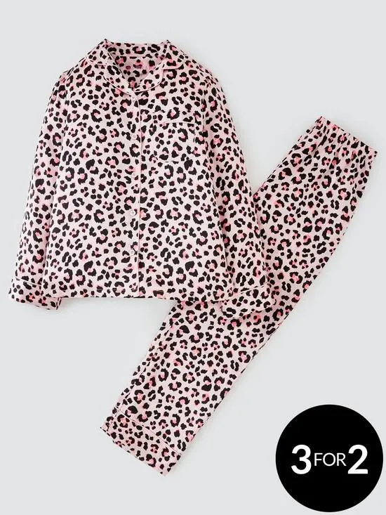 Girls Leopard Satin Long Sleeve Pyjamas - Pink