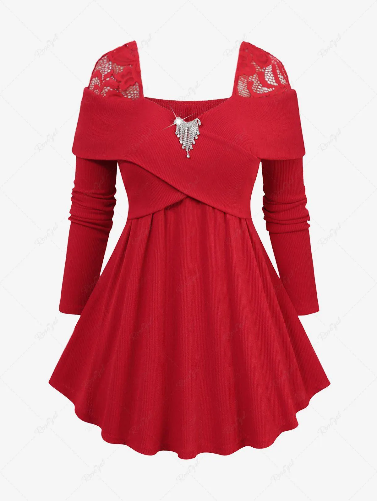 Plus Size Floral Lace Panel Shoulder Sparkling Tassel Buckle Crisscross Ribbed Solid T-shirt - 2x | Us 18-20