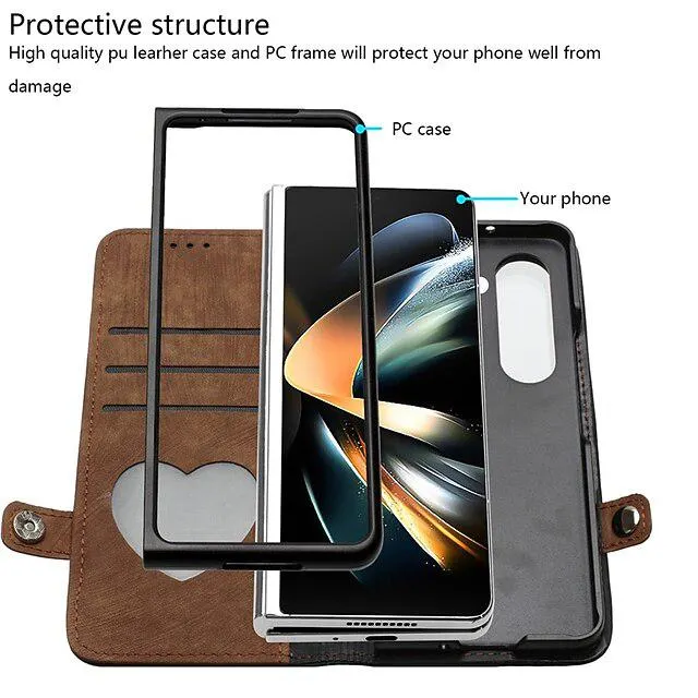 Phone Case For Samsung Galaxy Z Fold 5 Z Fold 4 Z Fold 3 Wallet Case with Wrist Strap Kickstand Retro TPU PU Leather