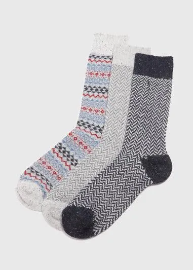 3 Pack Grey Fairisle Boot Socks - Sizes 6 - 8.5