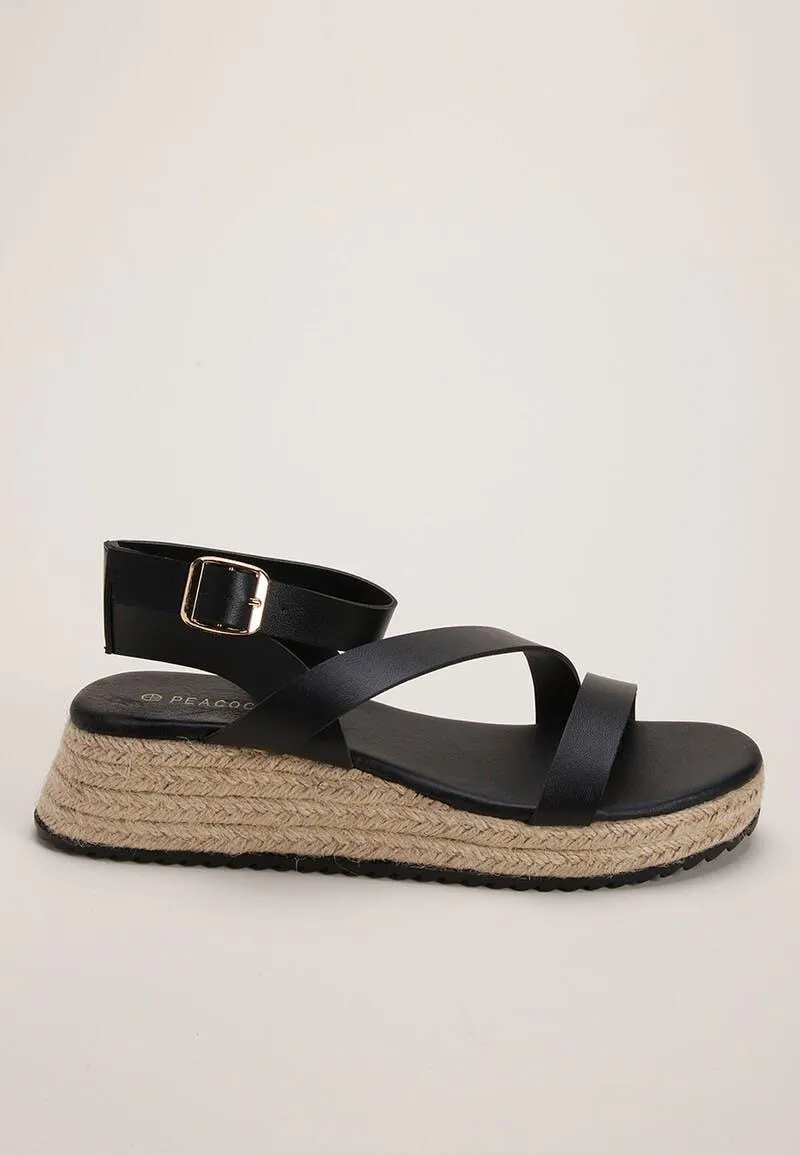 Womens Black Strappy Flatform Wedges