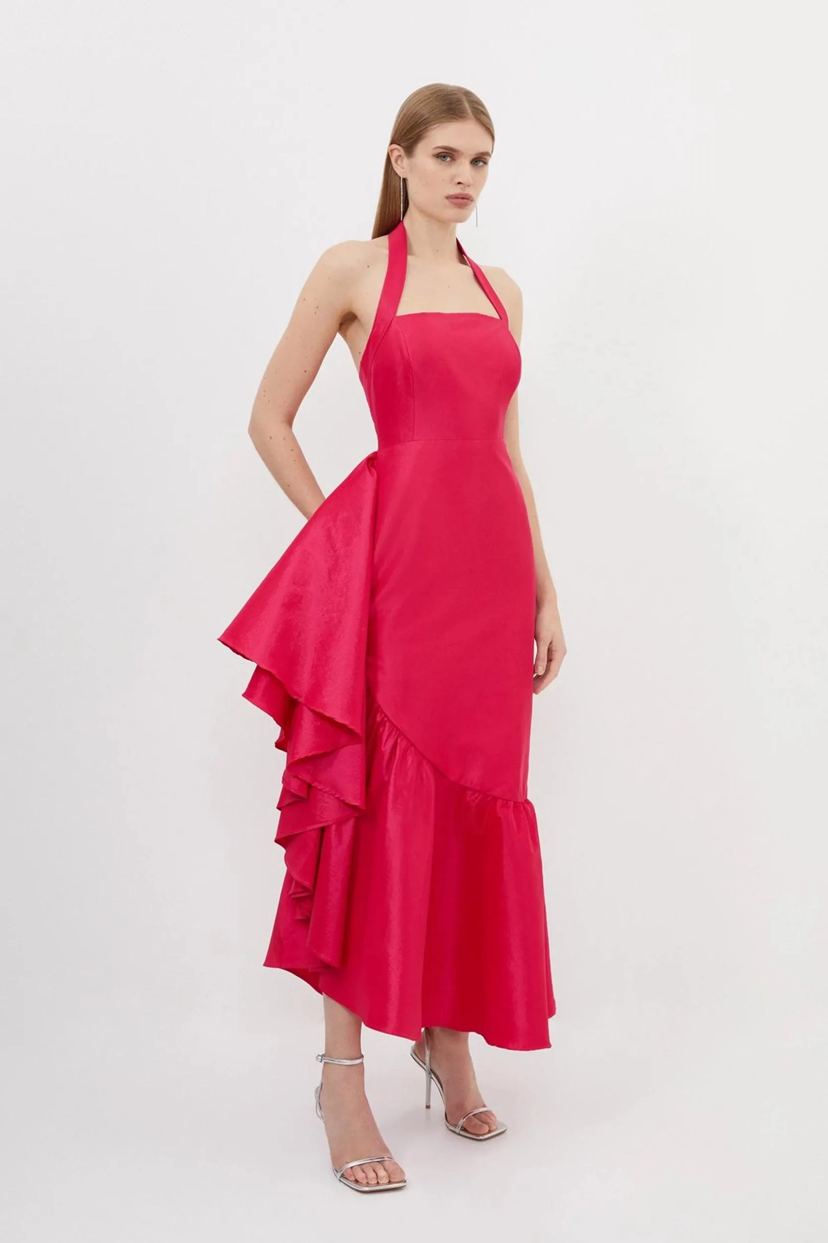 Metallic Taffeta Halterneck Ruffle Hem Midaxi Dress
