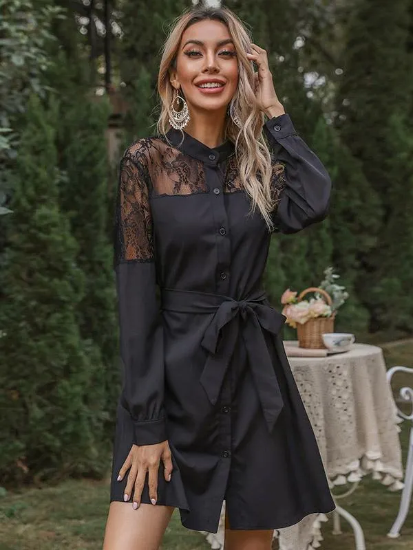 Shirt Dresses Black Stand Collar Lace Long Sleeves Polyester Midi Dress Dresses