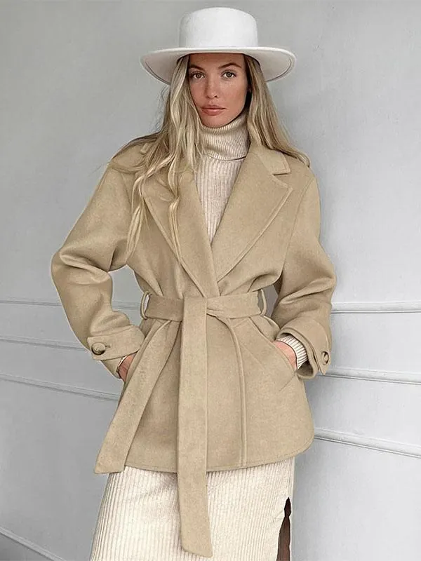 Wrap Jacket For Women Long Sleeves Chic Knotted Turndown Collar Light Brown Outerwear