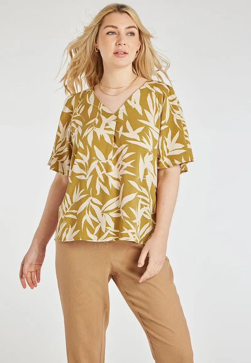 Womens Green Leaf V-Neck Blouse