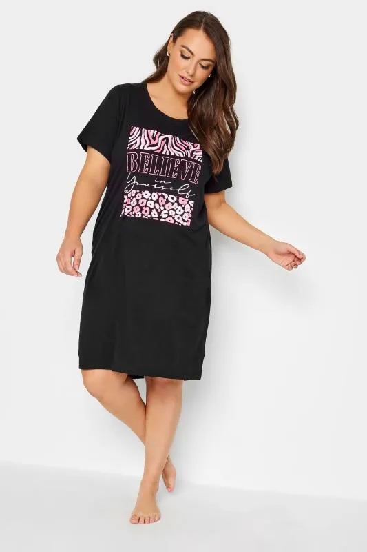 YOURS Curve Black Animal Print 'Believe' Slogan Nightdress