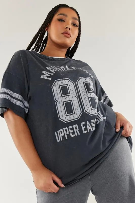 YOURS Curve Charcoal Grey 'Manhattan' Slogan Acid Wash Varsity T-Shirt