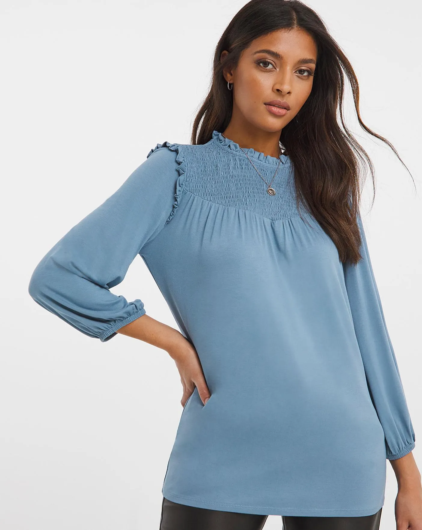 Shirred Ruffle Stretch Jersey Top