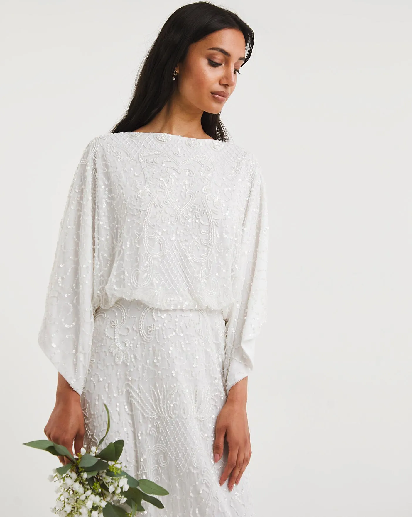 Joanna Hope Ivory Kimono Sleeve Beaded Bridal Maxi Dress