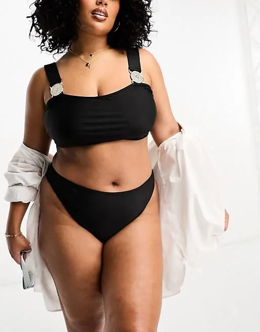 Brave Soul Plus square neck bikini set with jewel detail in black