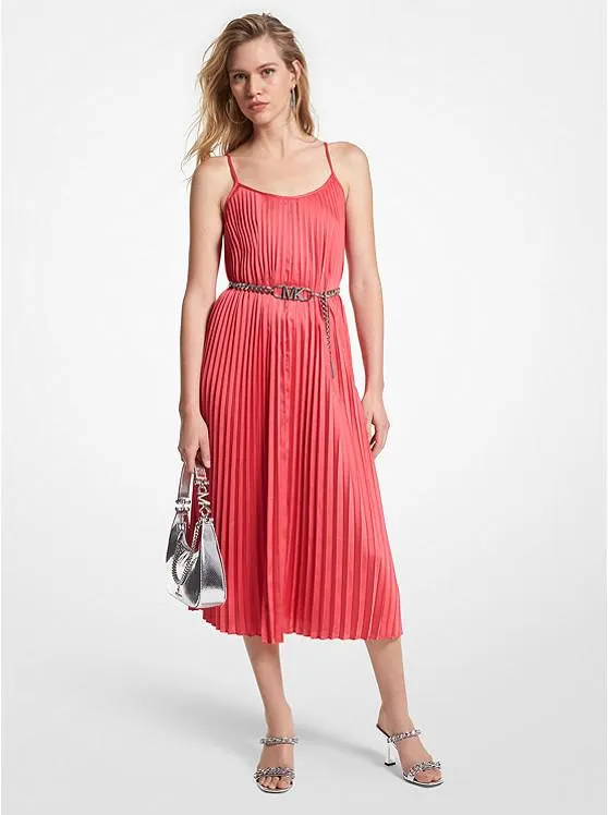 Pleated Satin Belted Slip Dress