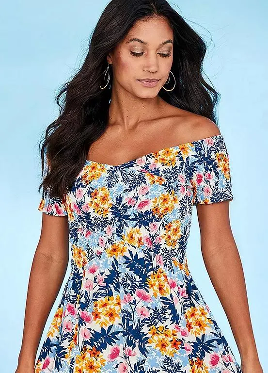 Floral Shirred Cross Over Beach Maxi Dress