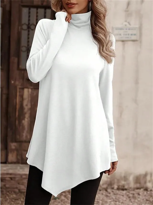 Women's T shirt Tee Black White Pink Plain Asymmetrical Long Sleeve Daily Weekend Daily Basic High Neck Regular Fit Fall & Winter