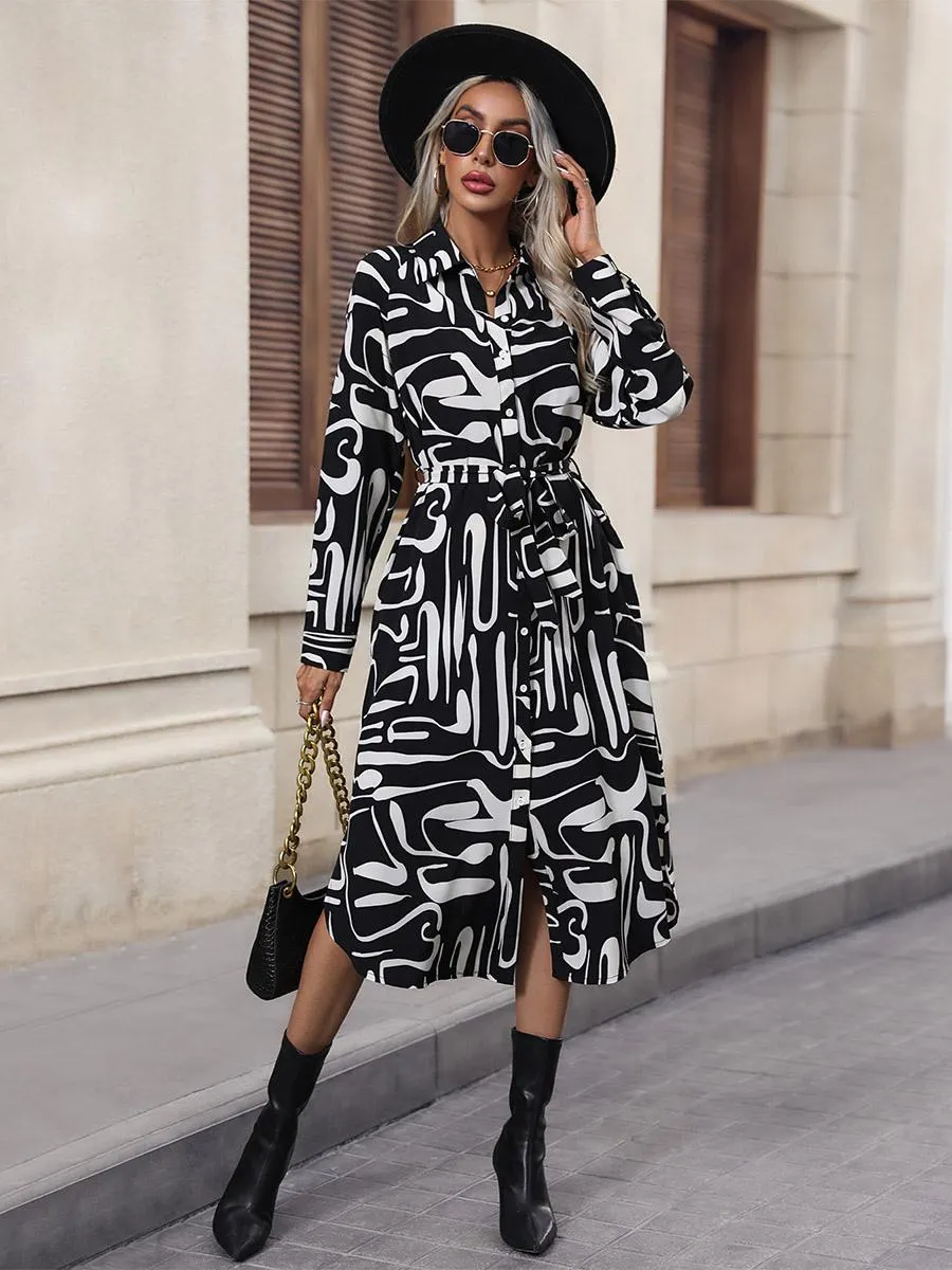 Midi Dress Printed Sash Polyester Elegant Turndown Collar Long Sleeves