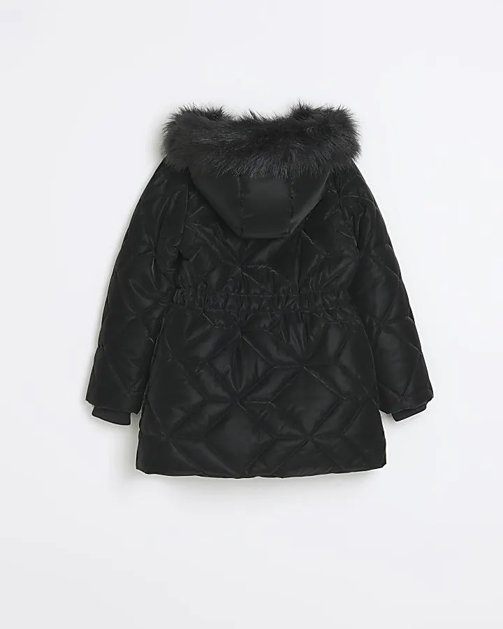 Girls black hooded glam shine padded coat