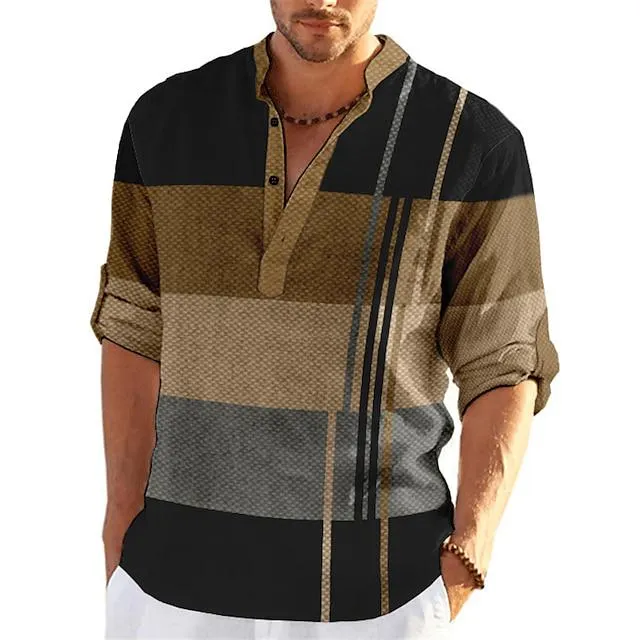 Men's Shirt Linen Shirt Striped Graphic Prints Geometry Stand Collar Blue-Green Yellow Black / Purple Red Royal Blue Outdoor Street Long Sleeve Print Clothing Apparel Linen Fashion Streetwear