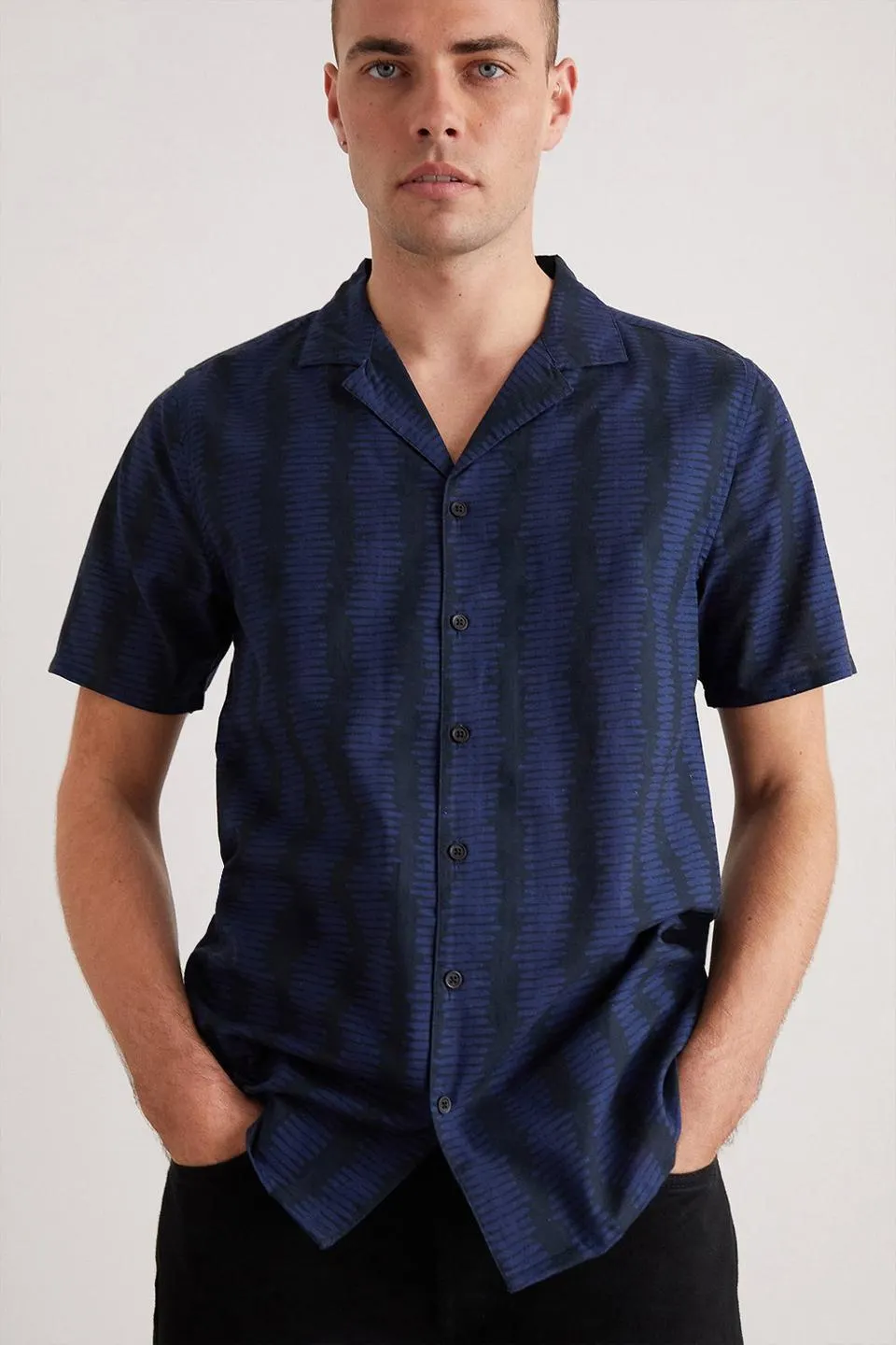 Navy Vertical Stripe Cotton Slub Revere Shirt