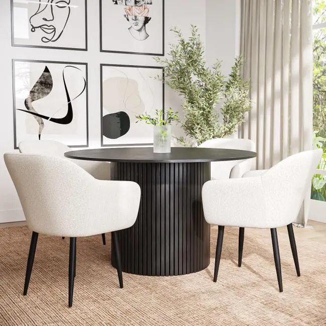 Round Black Oak Dining Table with 4 Cream Boucle Chairs - Jarel