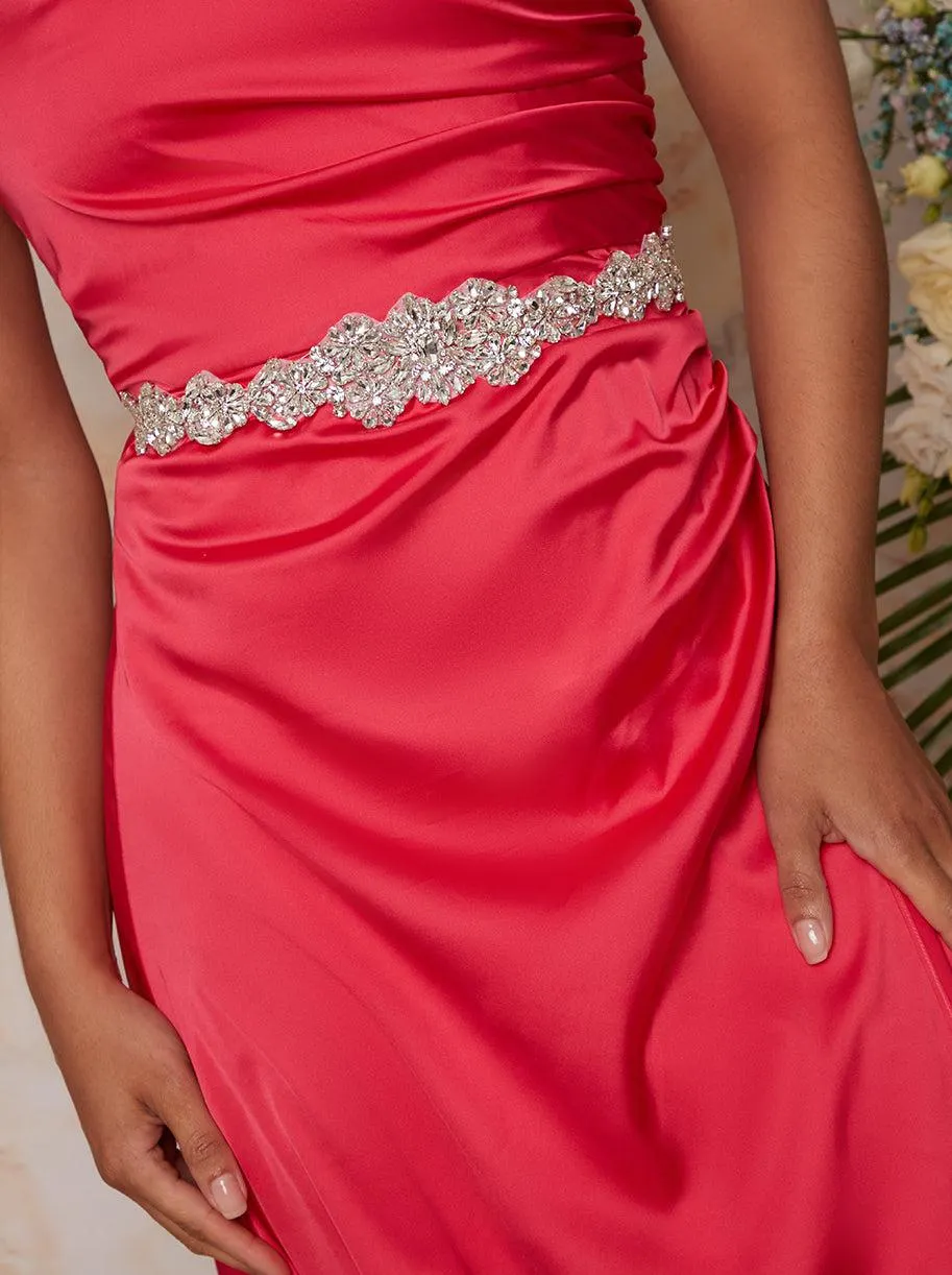 Embellished Satin Ribbon Belt in Fuschia