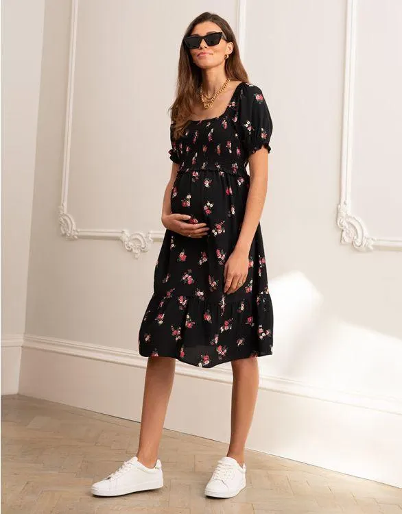Black Floral Shirred Maternity & Nursing Dress