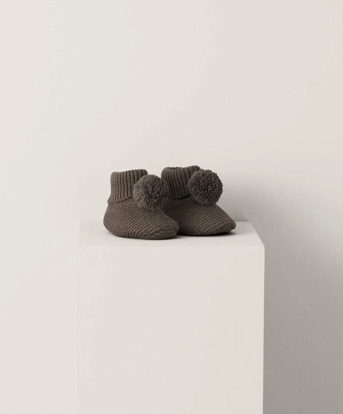 Knitted Pom Booties - Chocolate Brown