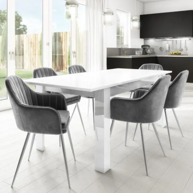 White Gloss Extendable Dining Table with 6 Grey Velvet Dining Chairs - Vivienne