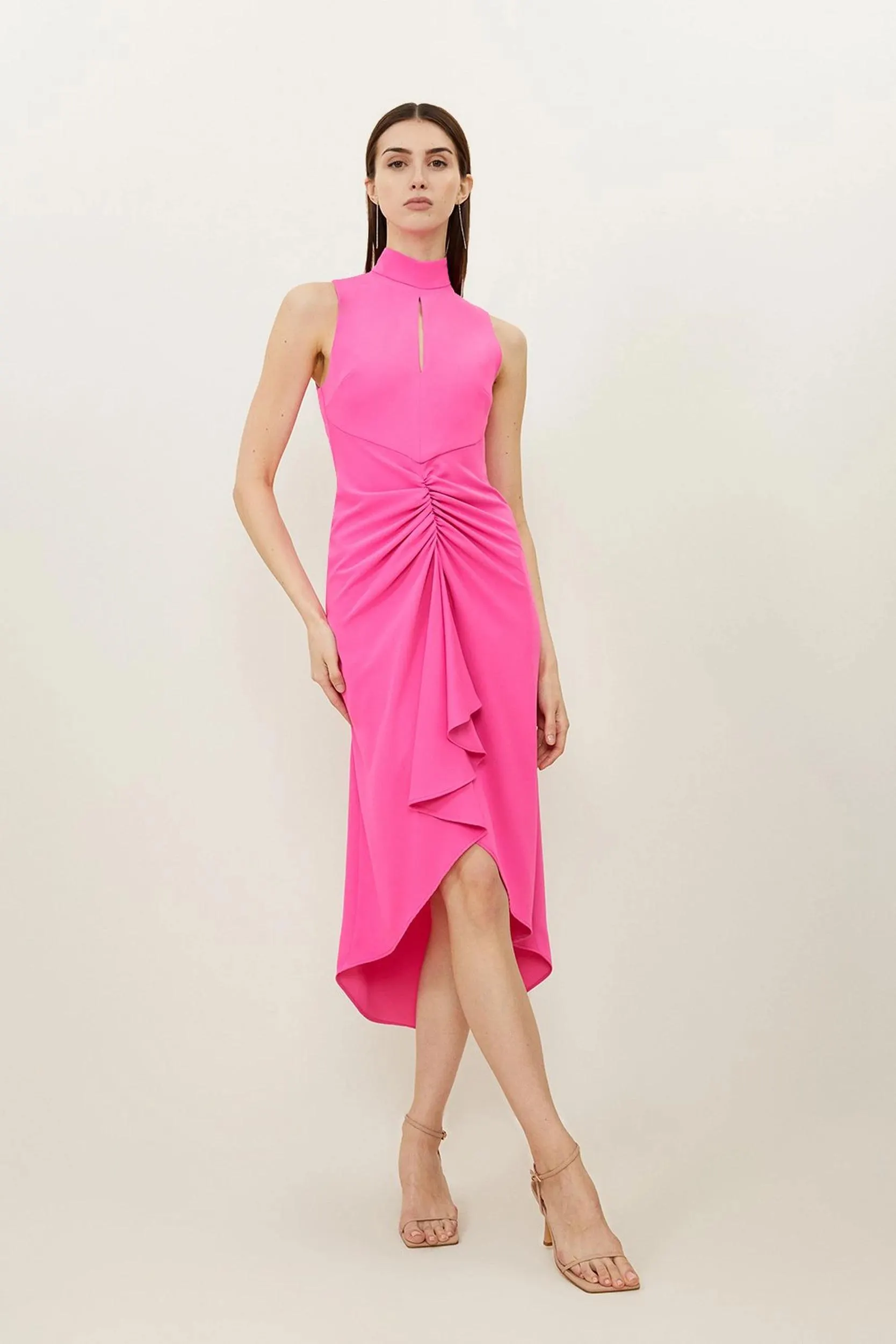 Soft Tailored Ruched Front High Neck Midi Dress