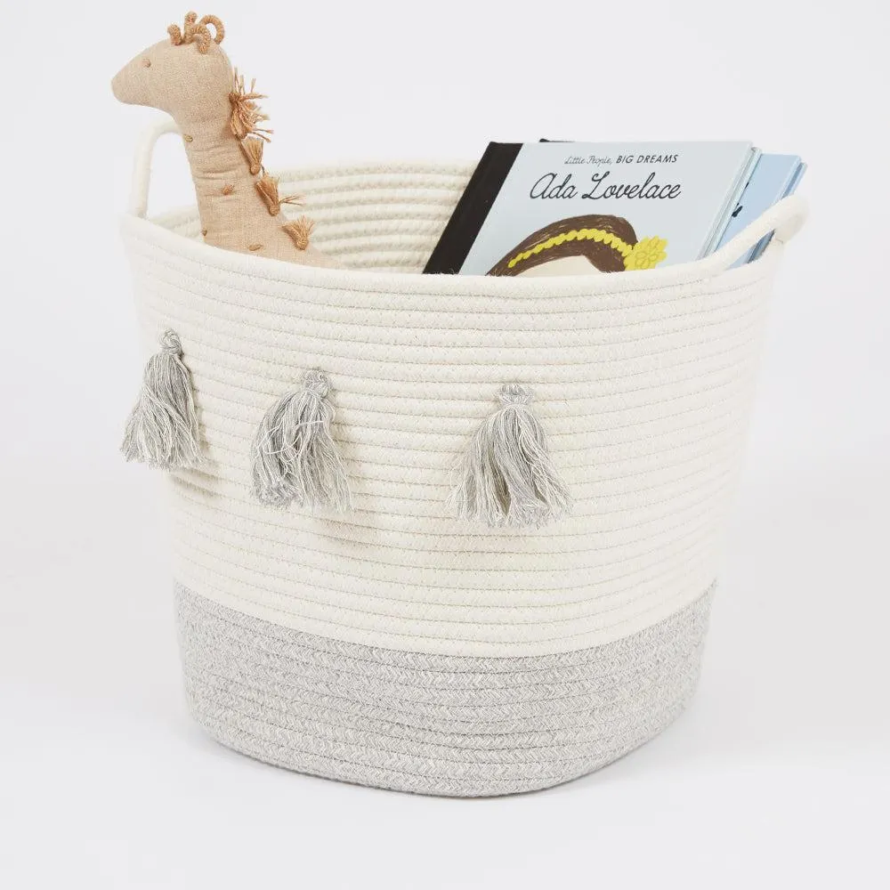 Rope Storage Basket, Ivory & Grey Tassels