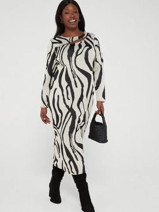 Abstract Animal Open Neck Midi Dress - Black