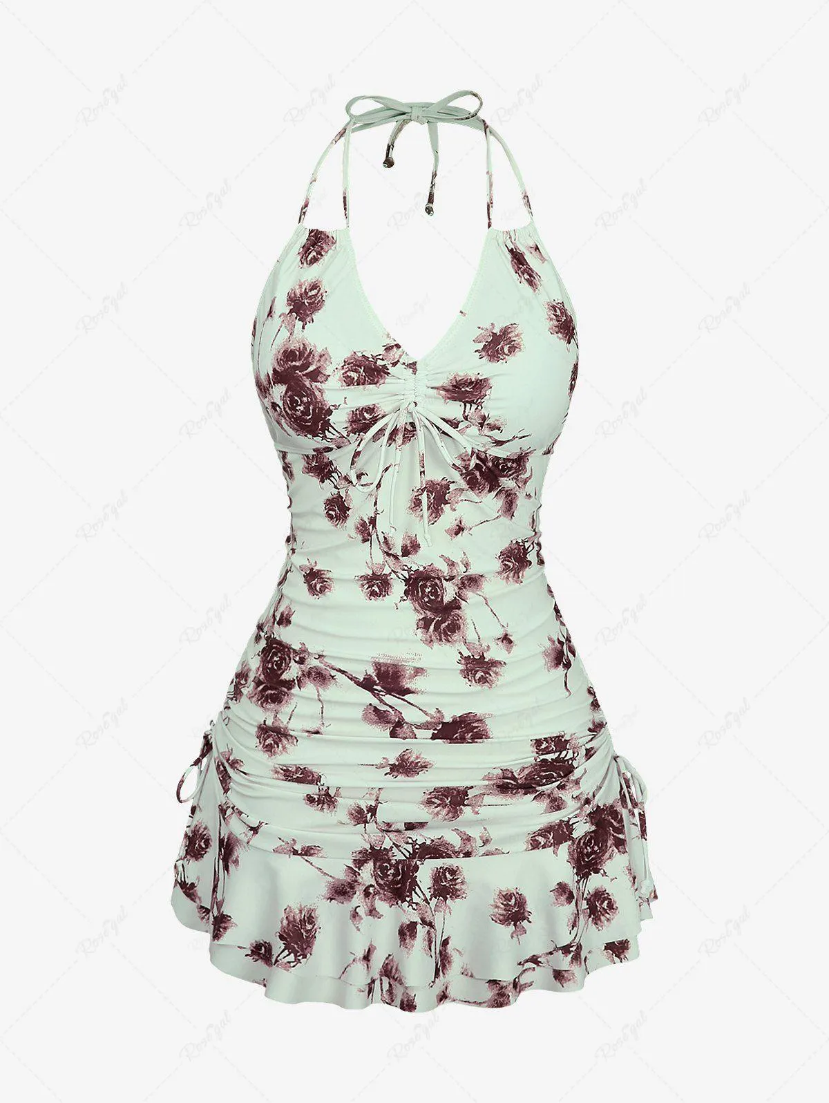 Plus Size Retro Rose Flowers Print Halter Cinched Ruffles Ruched Tankini Set - 4x | Us 26-28