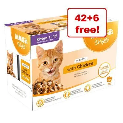 48 x 85g IAMS Delights Senior/Kitten Wet Cat Food In Gravy - 42 + 6 Free!*