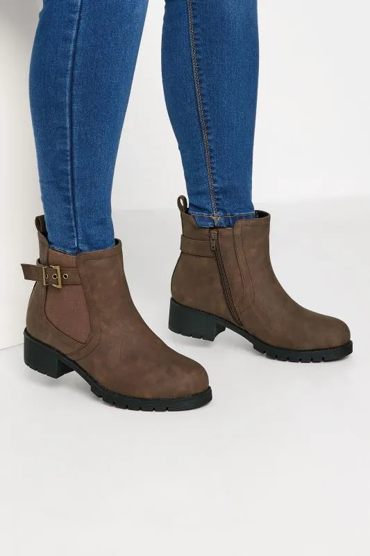 Brown Faux Leather Buckle Ankle Boots In Wide E Fit & Extra Wide EEE Fit