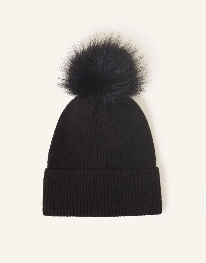 Knit Pom-Pom Beanie with Recycled Fabric Black