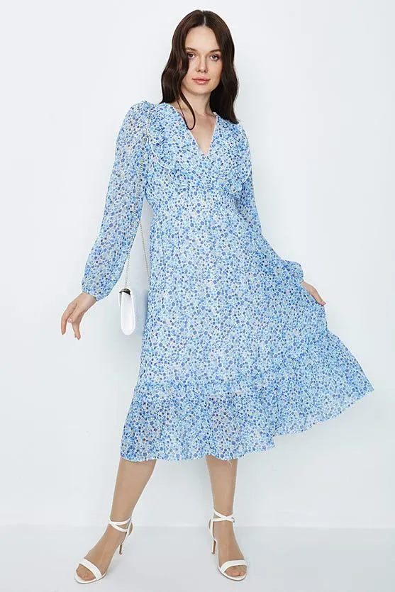 Blue Ditsy Chiffon Midi Tea Dress
