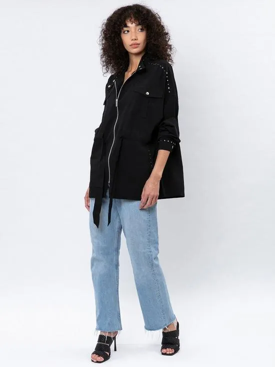 Utility style belted jacket with studs -Black